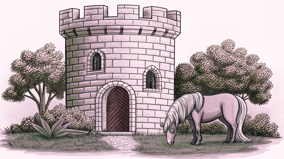 A pony grazes in a meadow beside a castle turret, a satin ribbon nearby.