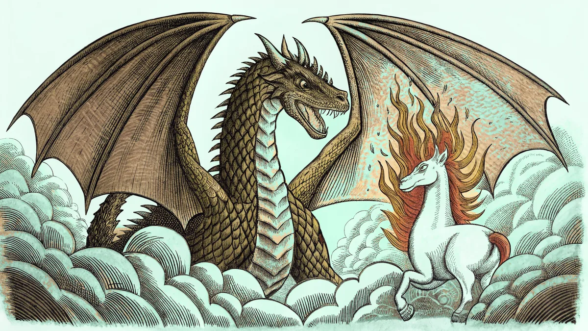 Legendary creatures including a dragon, phoenix, and unicorn in a mystical realm