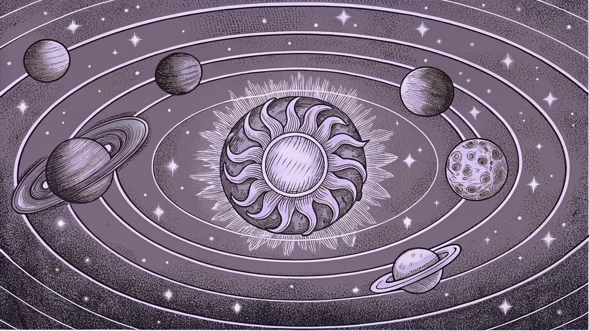 A model of the solar system showing eight planets in orbit around the sun.