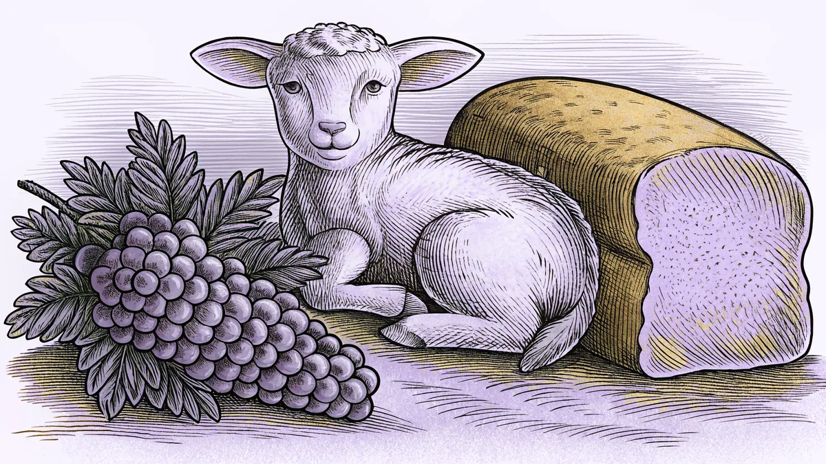A lamb grazing beneath a grapevine with bread and golden light in pastoral fields.