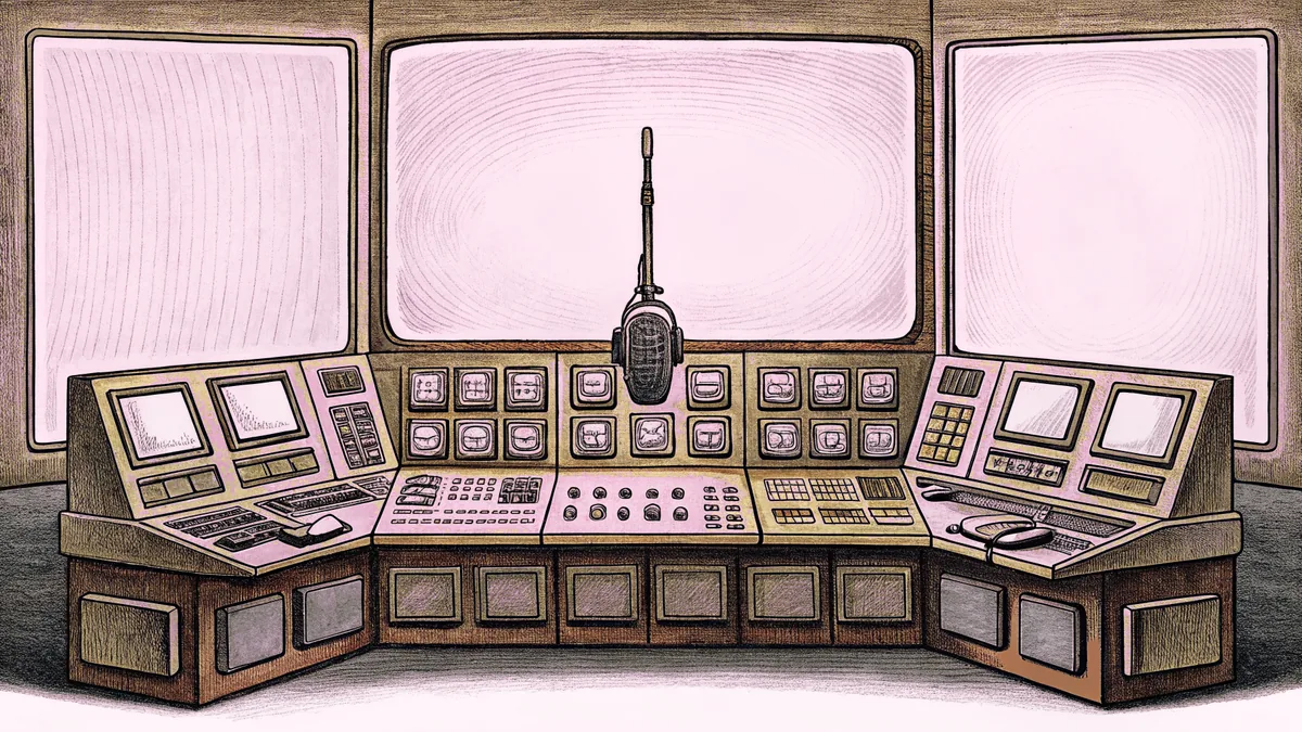 A boom microphone and control-room console sit on a desk with multiple monitors.