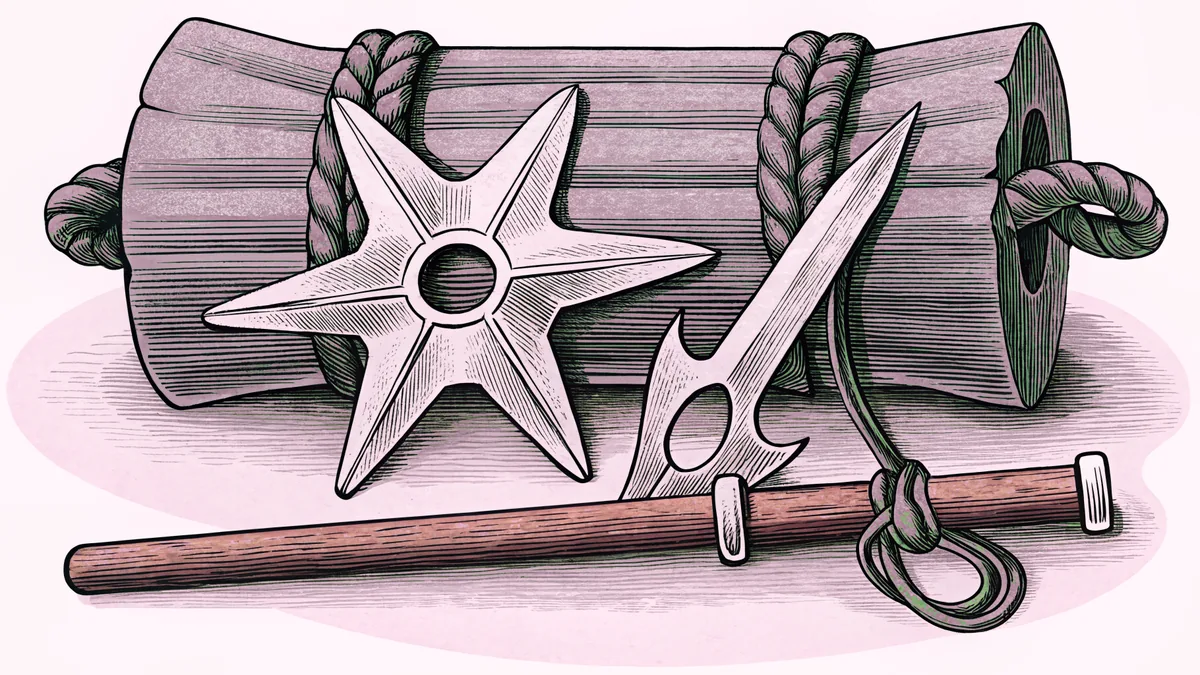 A shuriken and kunai lie across a wooden weapons rack beside a neatly rolled cloth headband.