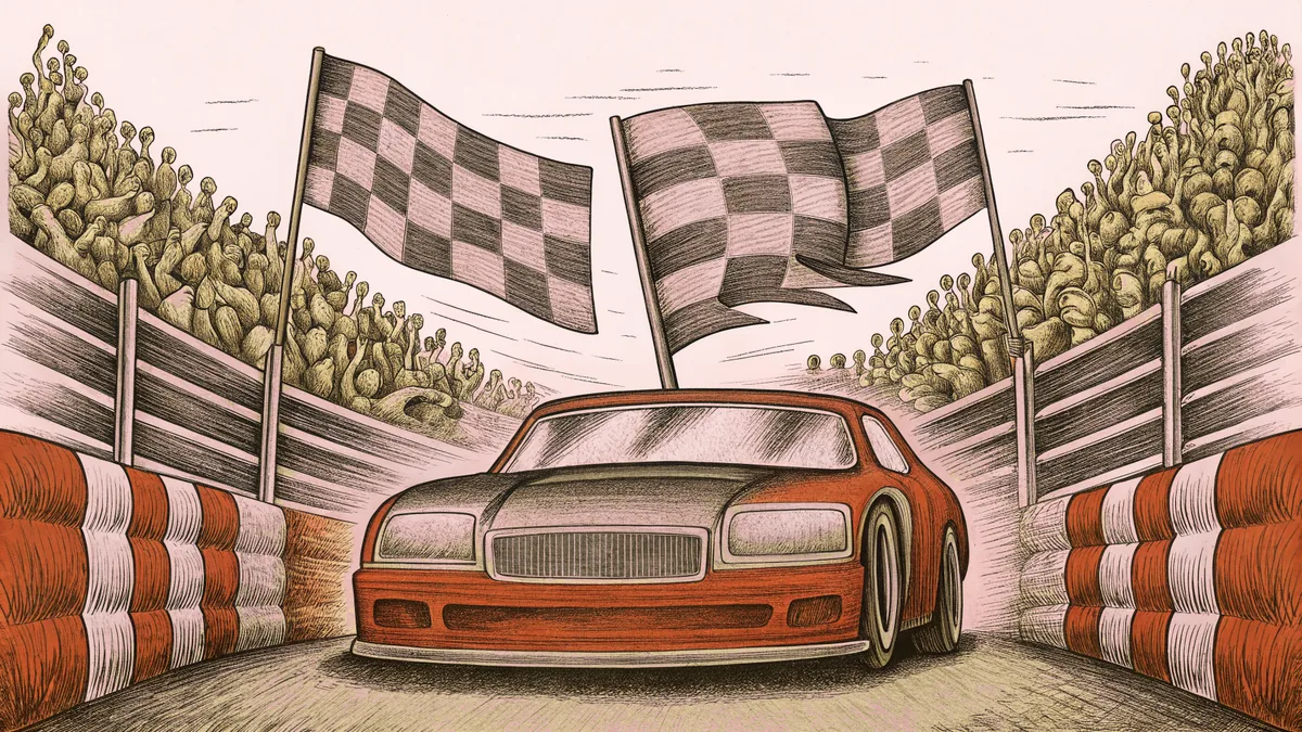A stock car races around a banked speedway toward a checkered flag.