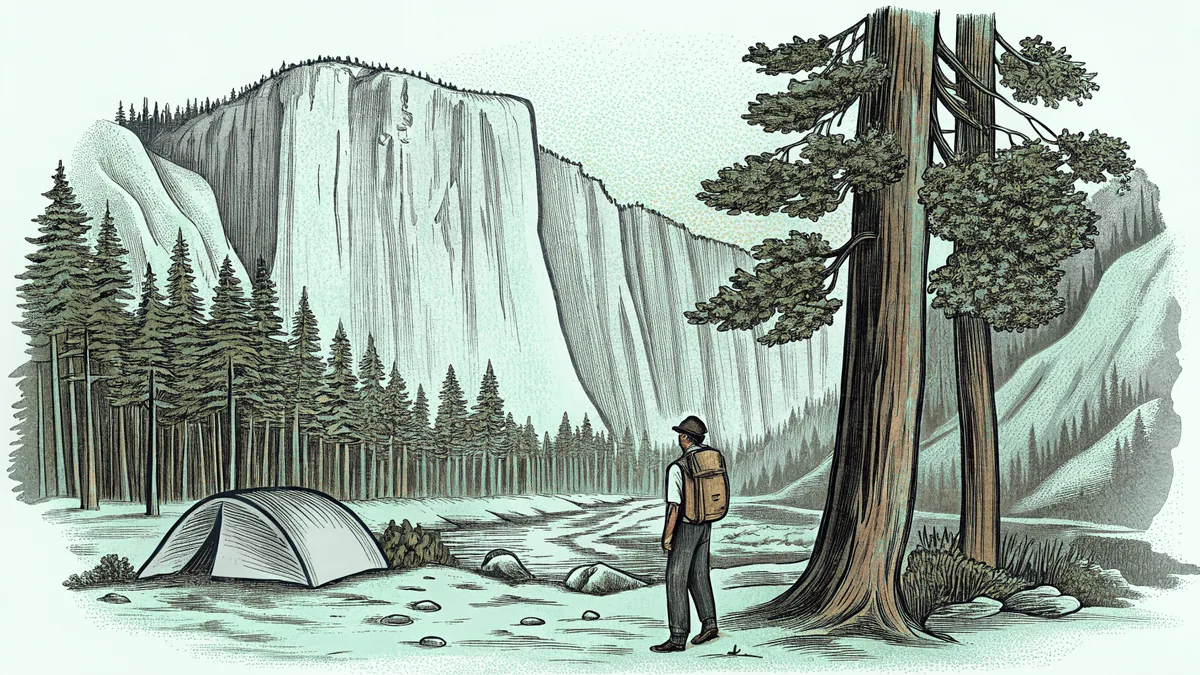Park ranger with famous natural landmarks including canyons, geysers, and giant trees.
