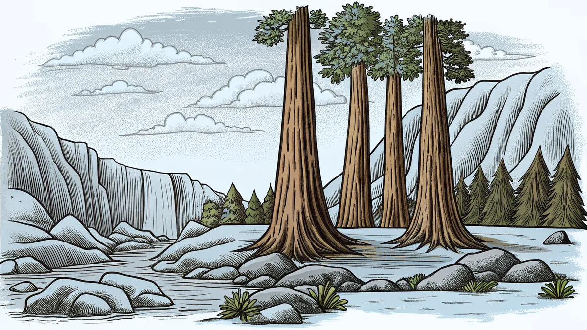 A scenic landscape with towering redwoods, dramatic arches, glaciers, waterfall, and wildlife.