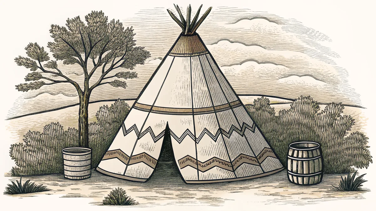 A Plains Indian encampment with traditional dwellings and ceremonial artifacts.