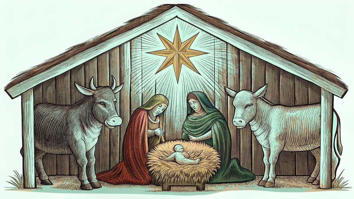 Wooden stable interior with animals beside manger, bright star shining through opening
