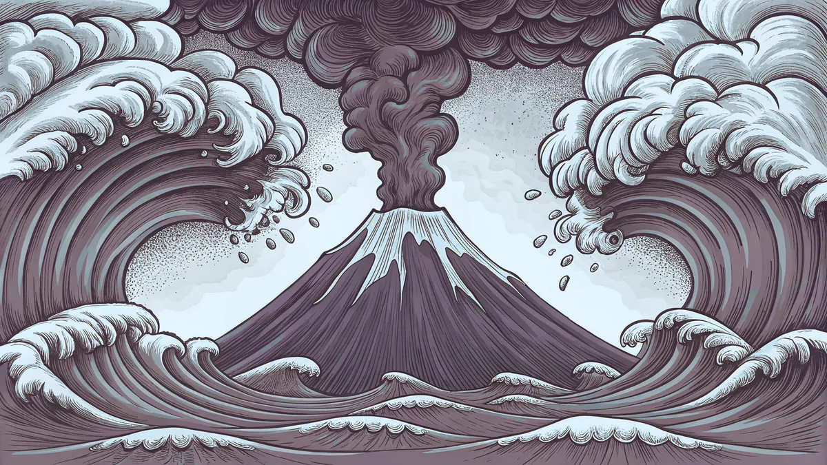 Natural disasters including erupting volcano, tornado, avalanche, tsunami, wildfire.