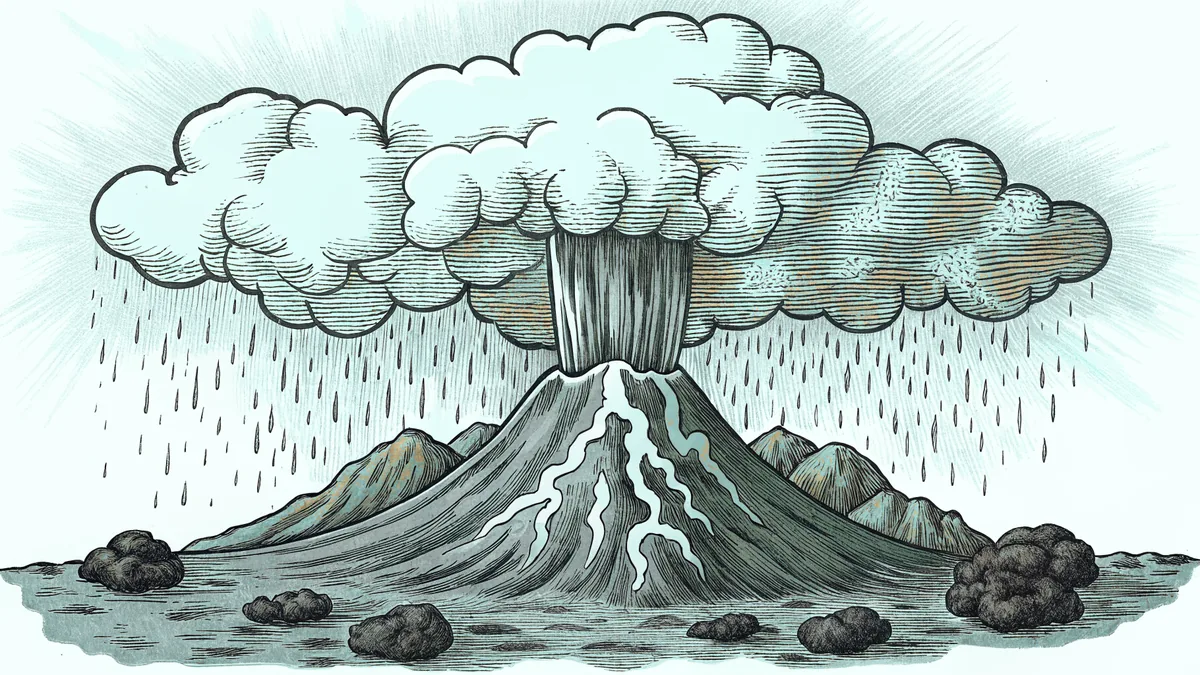 A volcano erupts beneath dark storm clouds with lightning splitting the sky.