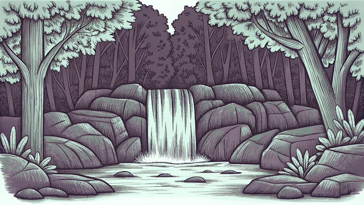 Natural landscape with forest, water features, and rocky formations