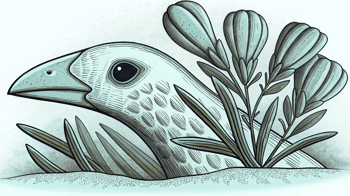 An illustrated study of a bird's head beside a stem of spiked seed pods.
