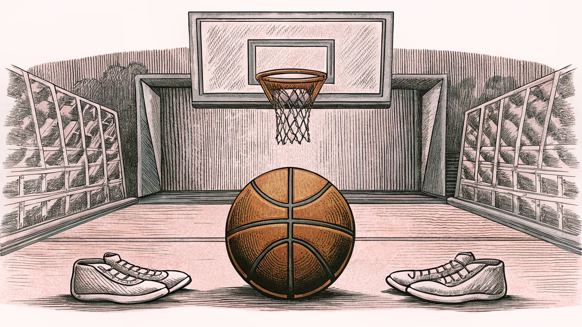 A basketball sits on a polished court near a net with sneakers beside it.