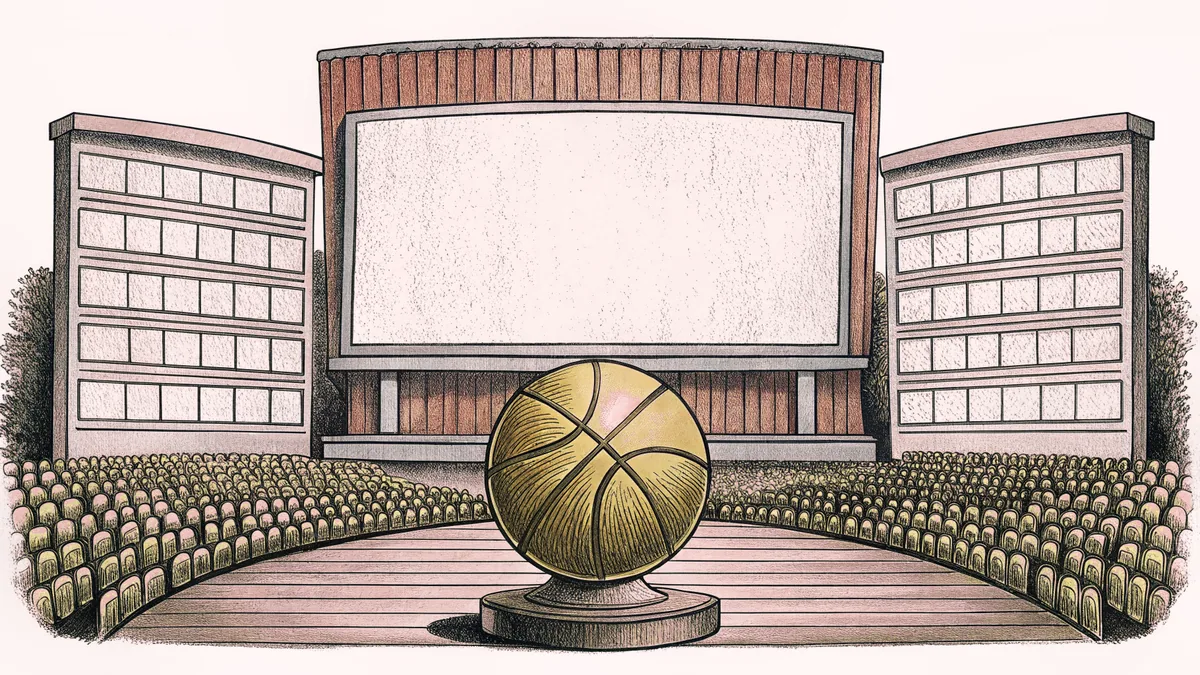 A golden basketball trophy stands beside an orange basketball on a polished wooden pedestal.
