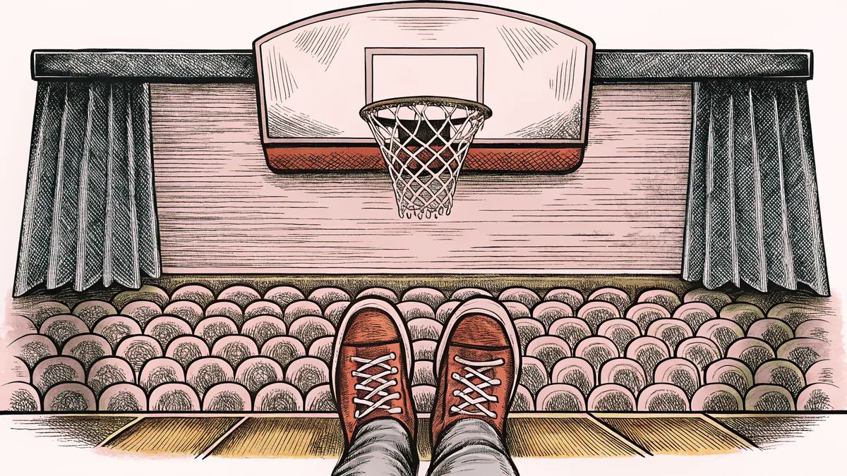 A basketball hoop and net hang above a polished court with white sneakers.