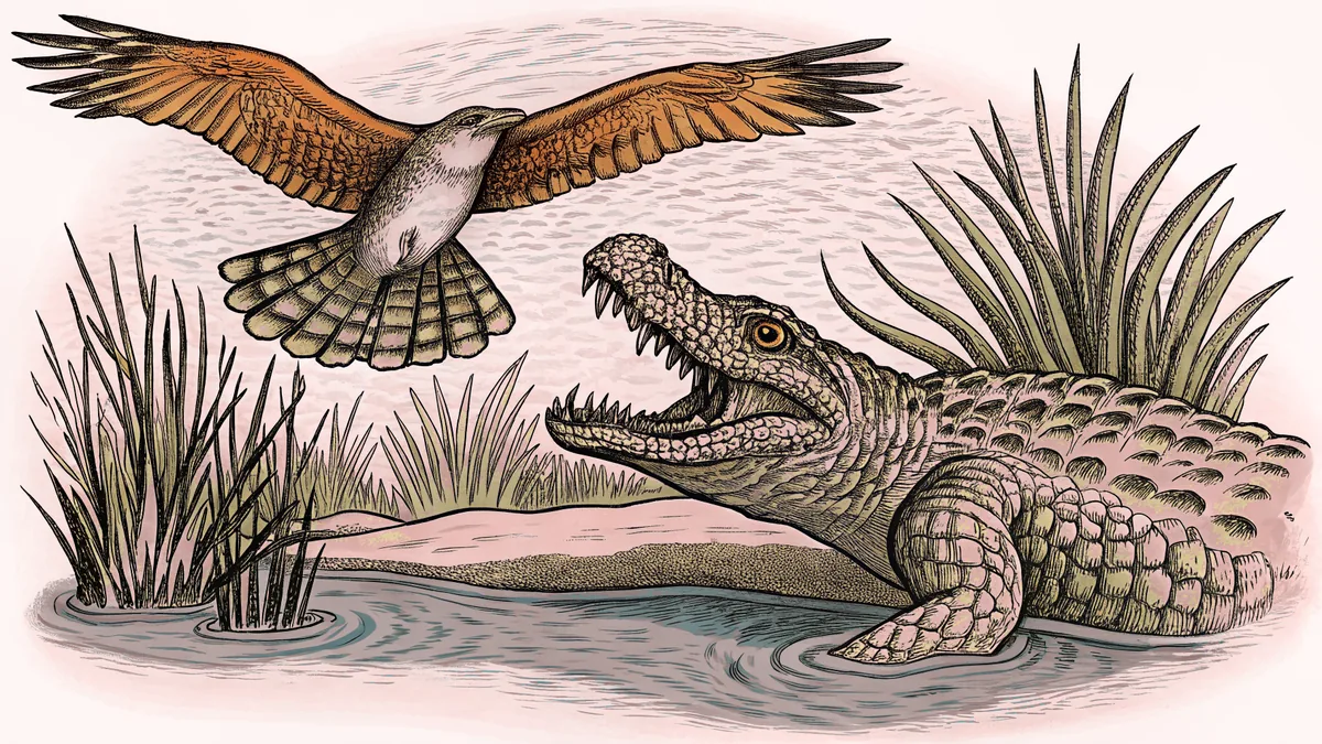 A fierce alligator swims beside a diving hawk above murky water.