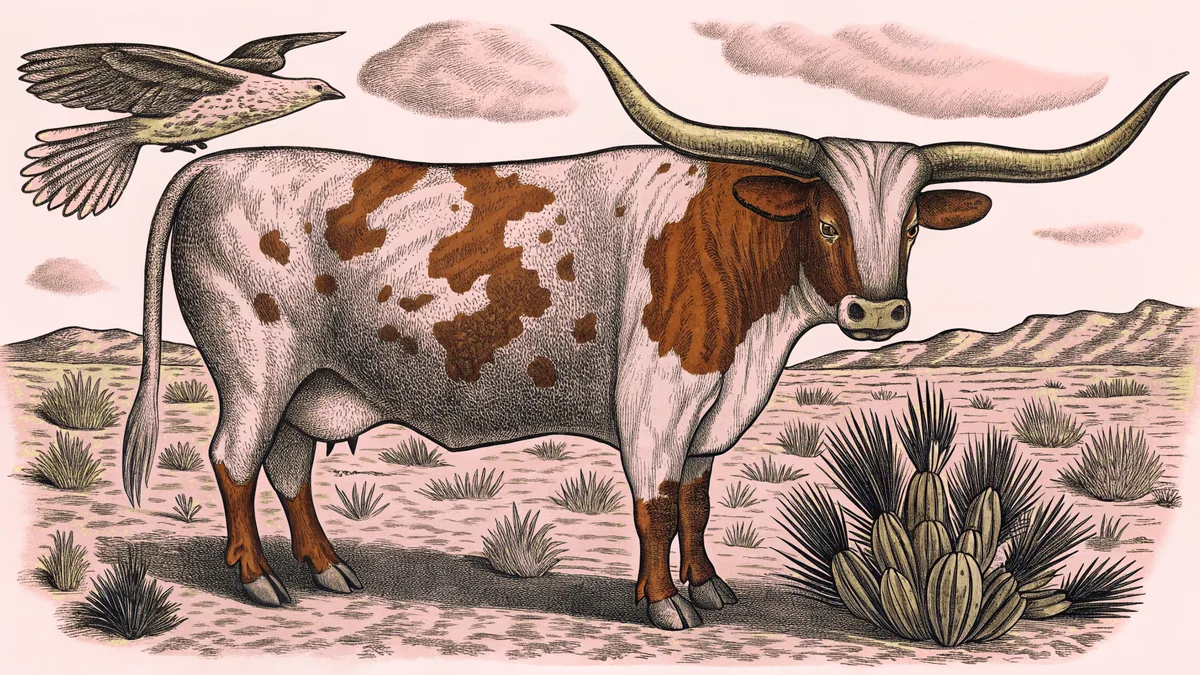 A horned longhorn steer stands beside a soaring hawk in desert scrubland.