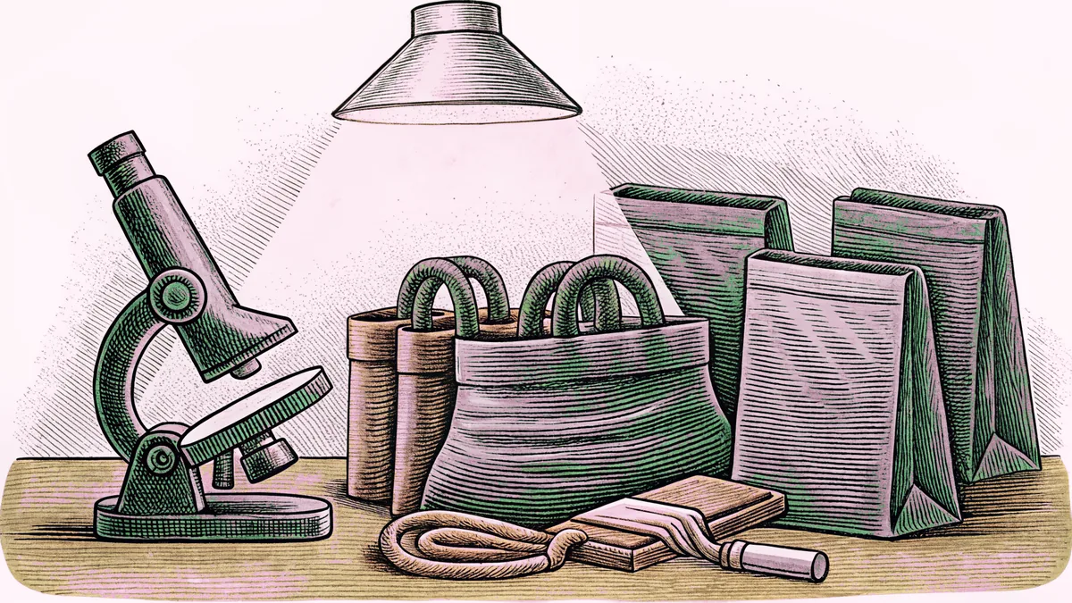 Forensic tools and evidence bags sit on a laboratory bench beside a microscope.