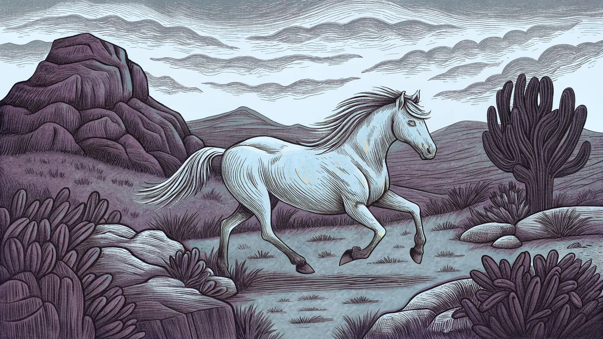 A wild mustang gallops through desert sagebrush beneath red stone cliffs.