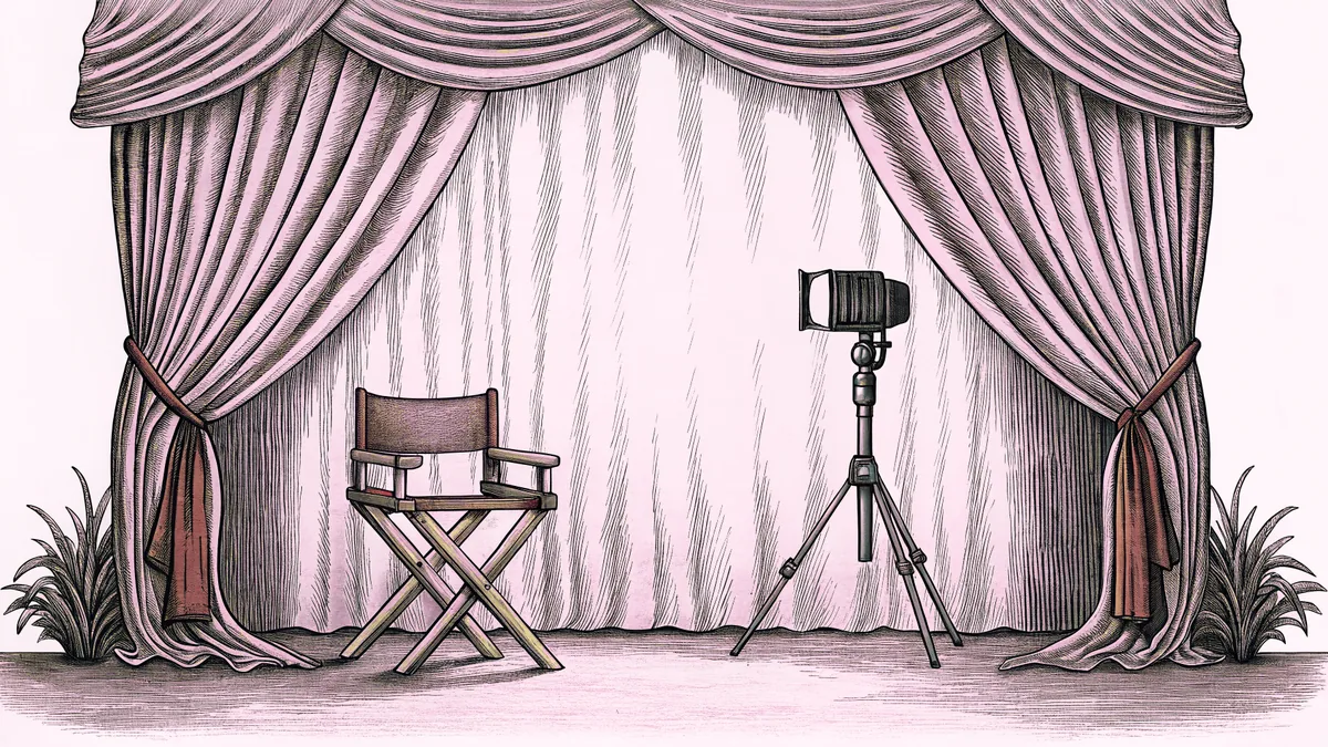 Studio filming equipment including a mounted camera and director's chair arranged on a television set.