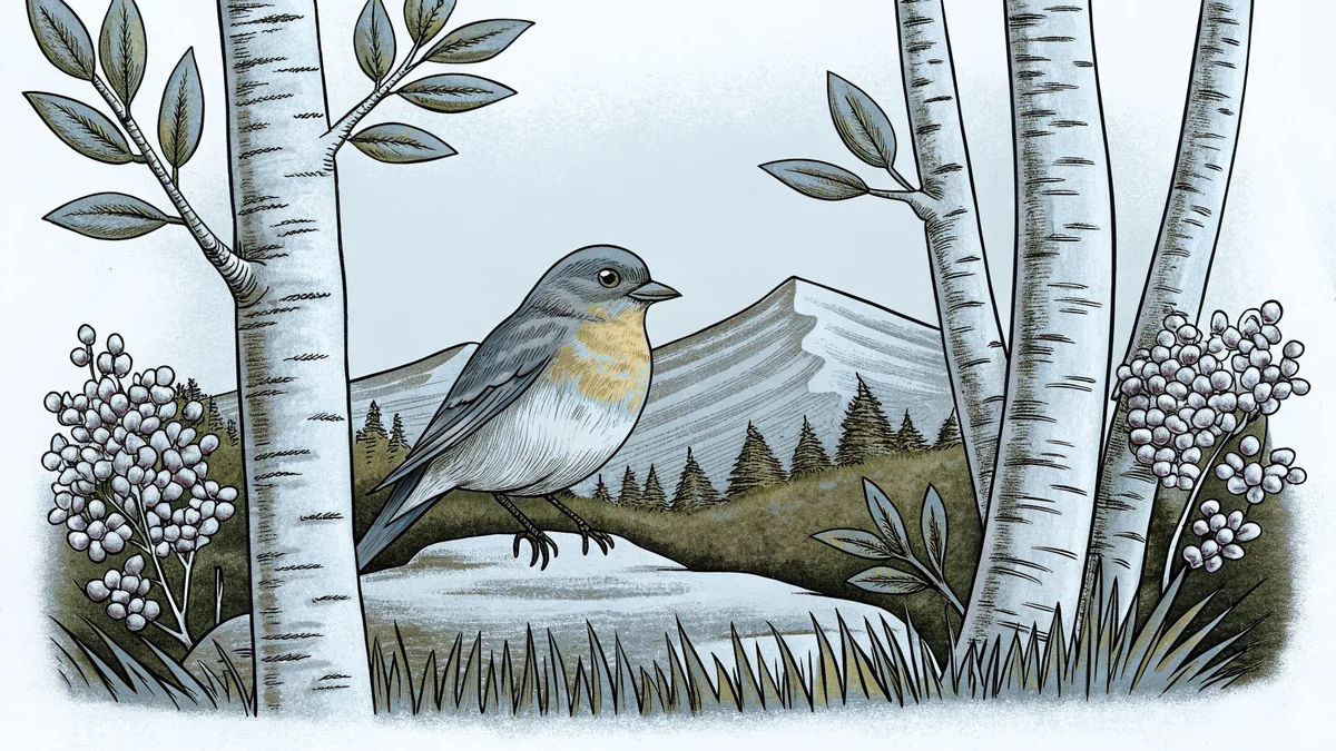 A finch among lilac flowers and white birch trees with mountains beyond.