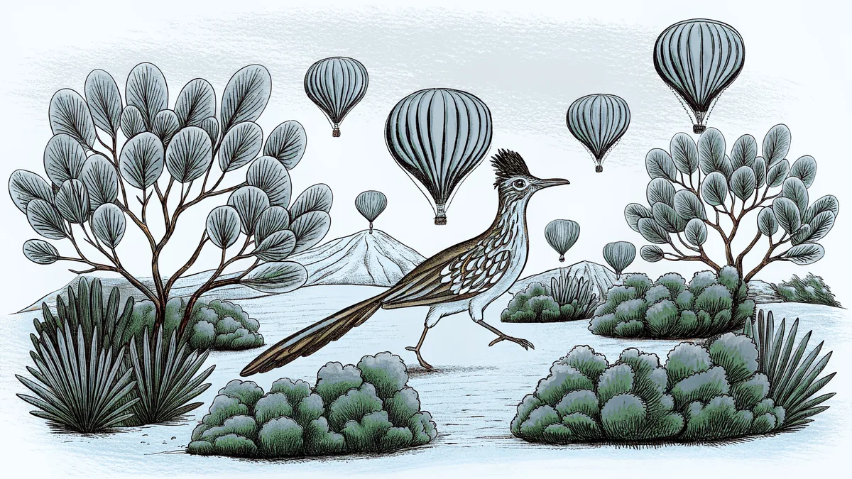 A roadrunner races through desert pinon trees beneath floating hot air balloons.