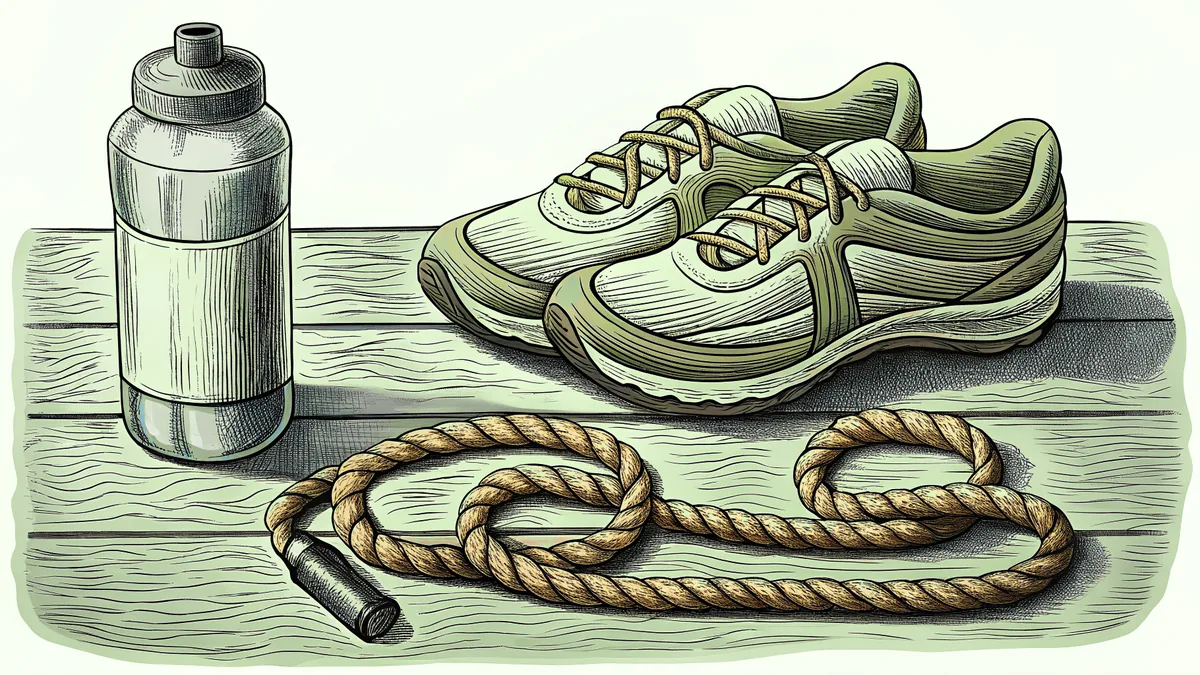 Running shoes sit beside a water bottle and a coiled skipping rope on a bare wooden floor.