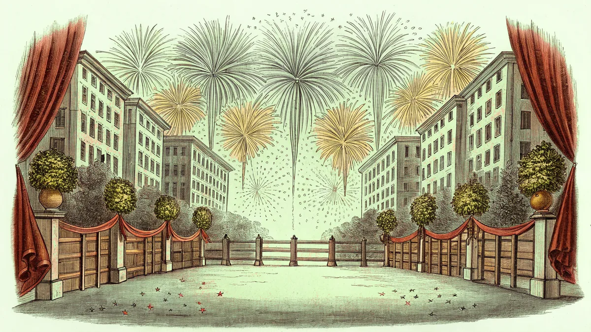 A New Year's celebration with raised champagne glasses, confetti, decorations, and fireworks.