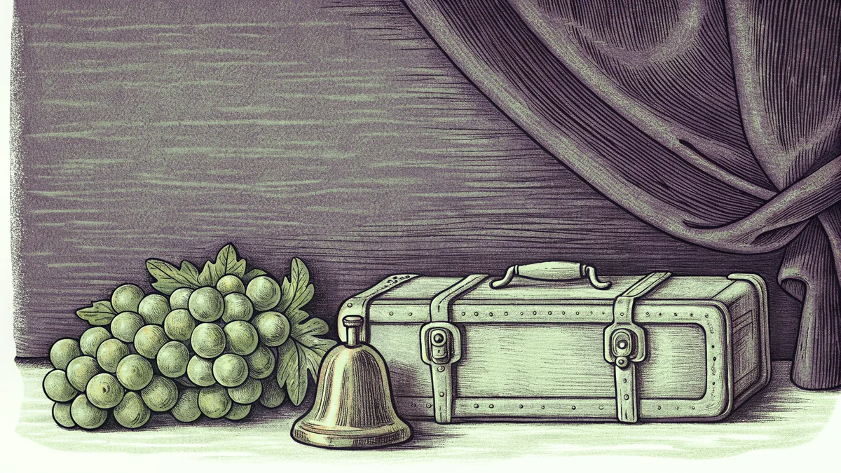 A bunch of green grapes sits beside a small brass bell and a closed suitcase ready by a doorway.