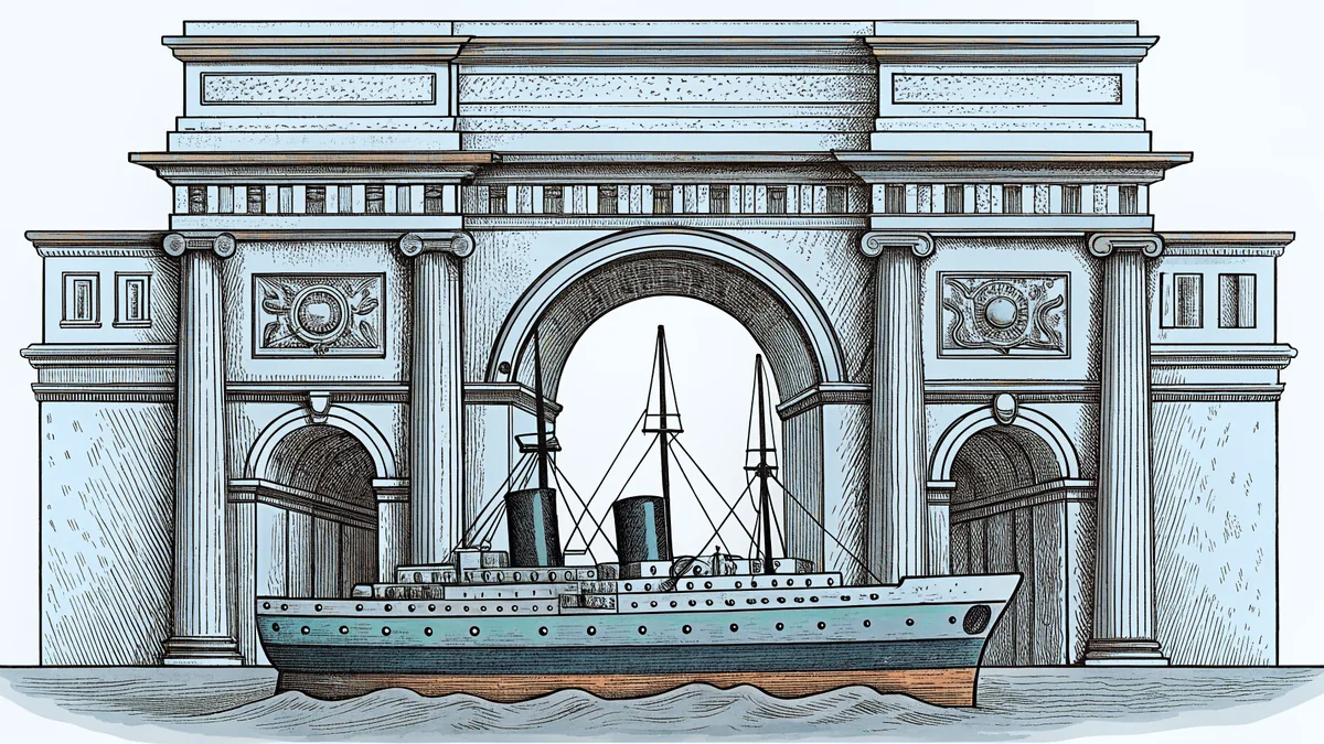 A warship steams toward a monumental arch celebrating maritime heritage and naval tradition.