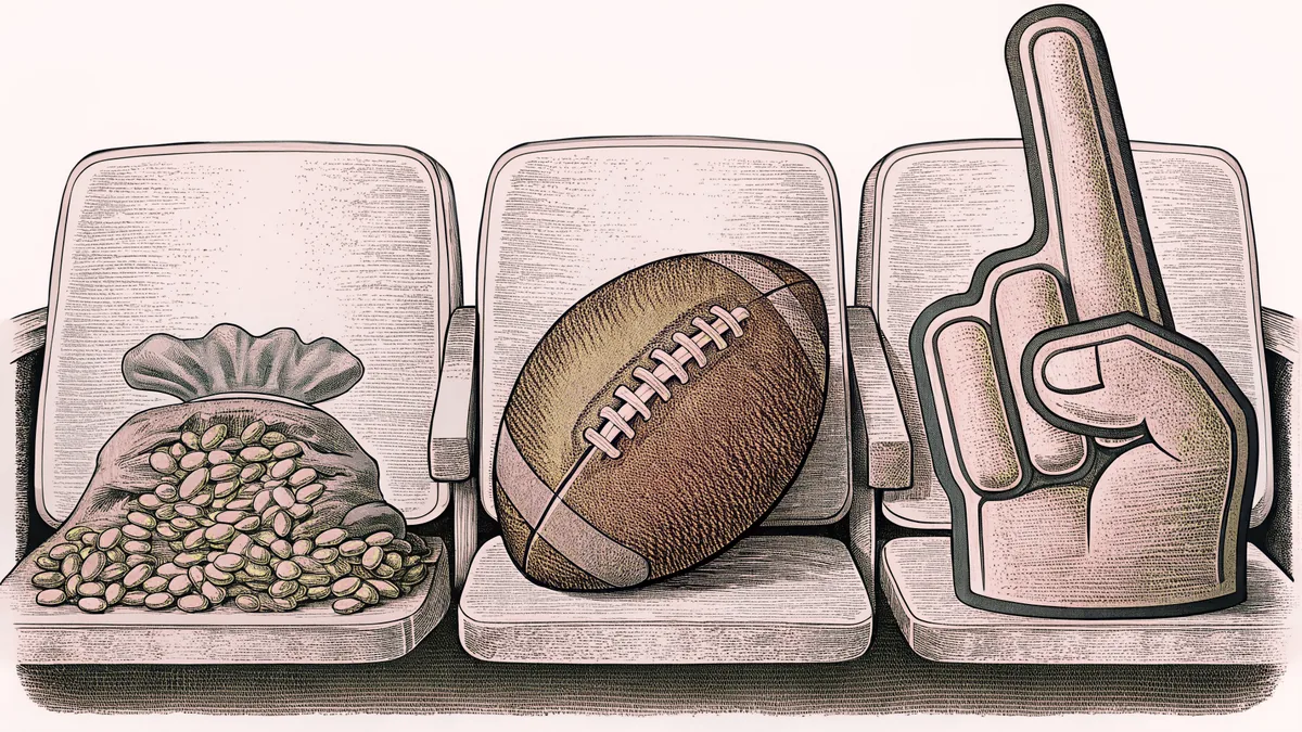 An American football rests on a stadium seat beside a foam finger and a bag of peanuts.