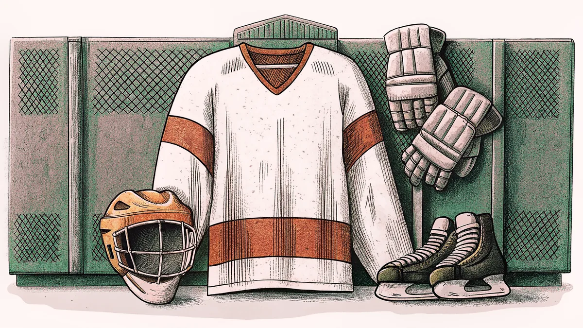A hockey jersey hangs on a locker beside a protective helmet with heavy gloves draped over it.