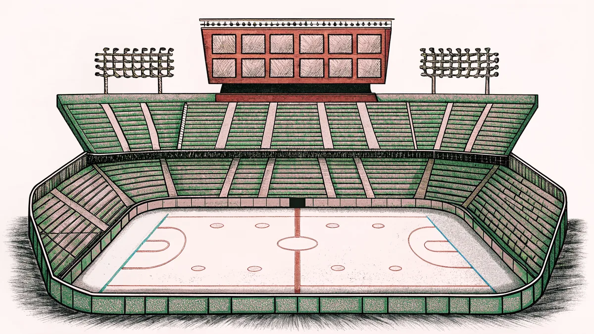 A hockey arena scoreboard glows above empty ice with bleacher seats beside bright stadium lights.