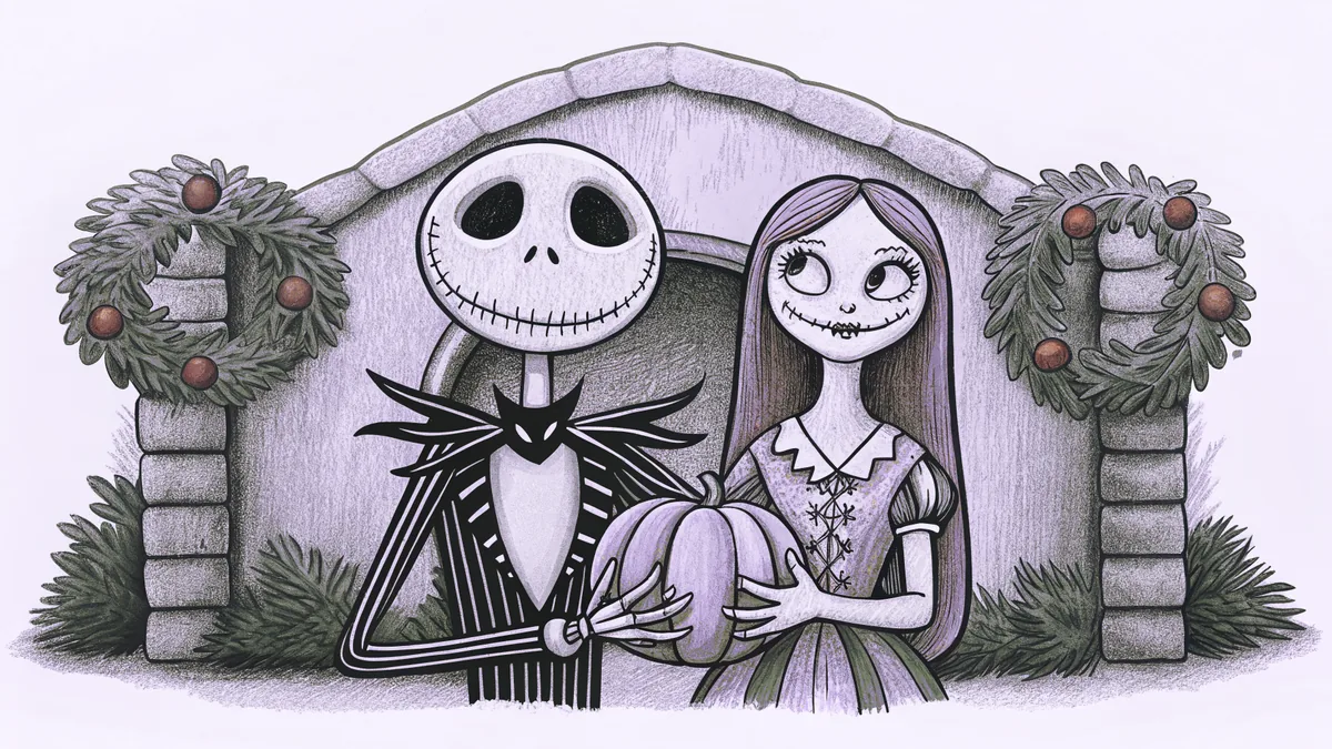 Jack Skellington and Sally between Halloween and Christmas imagery with pumpkins and festive decorations.