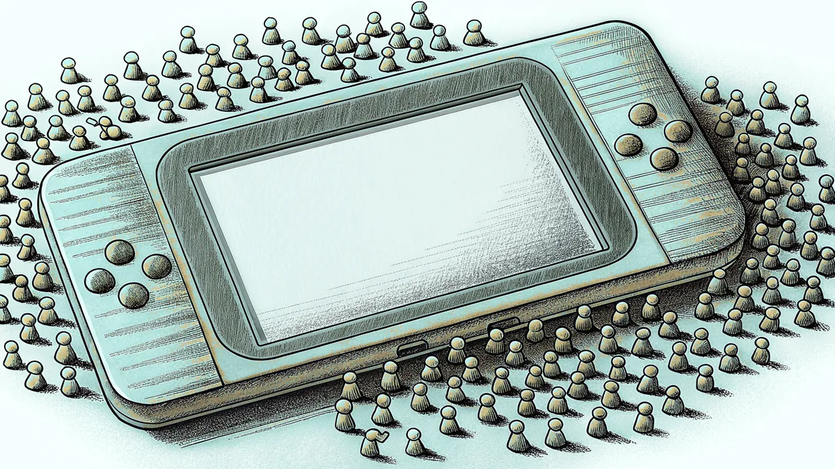 A capsule-toy machine and plastic figurines beside a blank-screened handheld.
