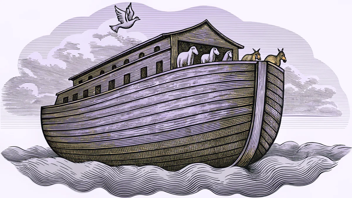A wooden ark floats on flood waters with animals aboard and a dove carrying an olive branch.