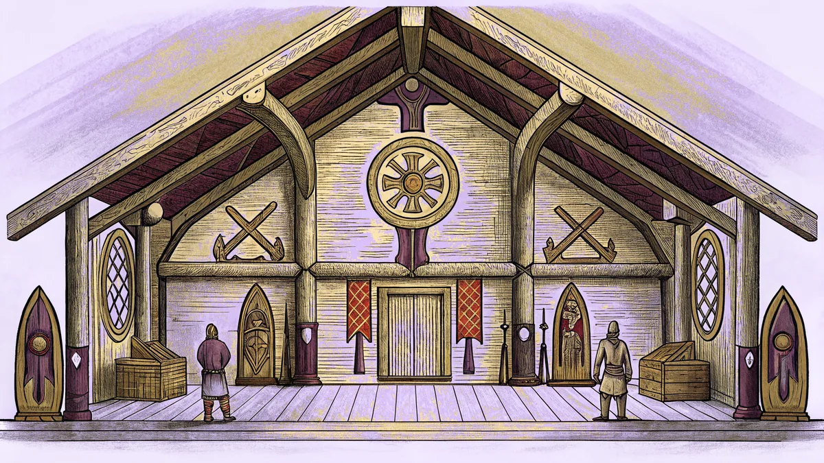 Viking warriors in a Norse-themed hall with symbols.