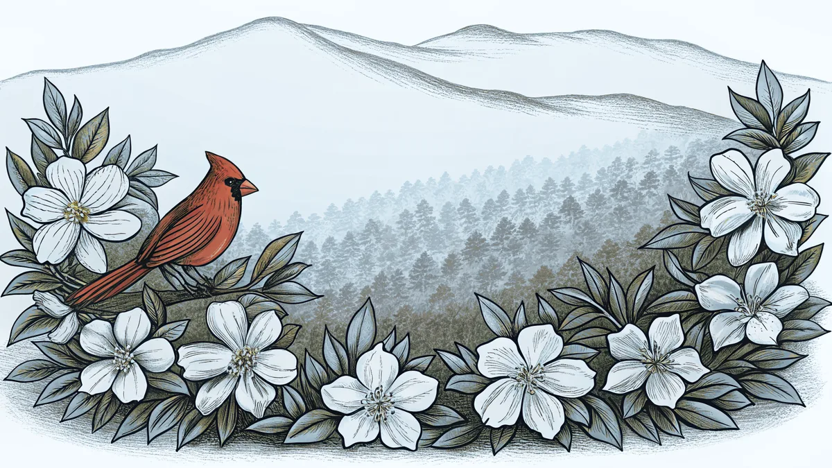 A cardinal rests among dogwood flowers beneath layered mountain ridges.