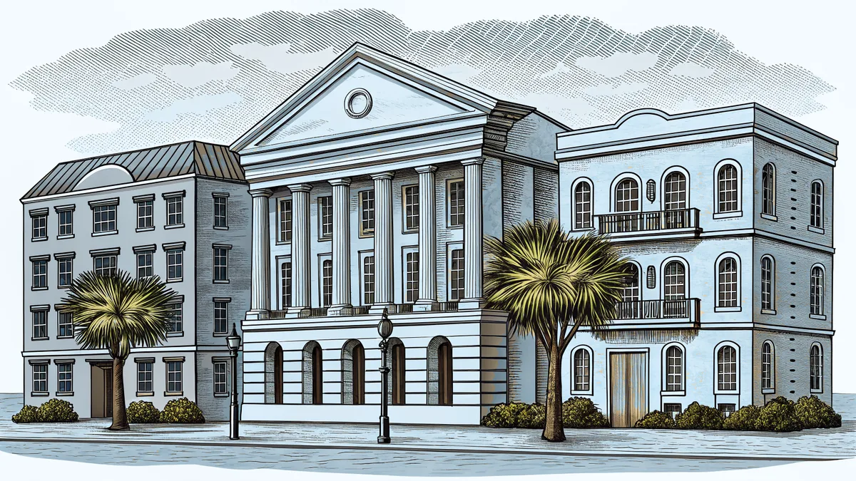 Historic antebellum architecture reflected in still water in Charleston.