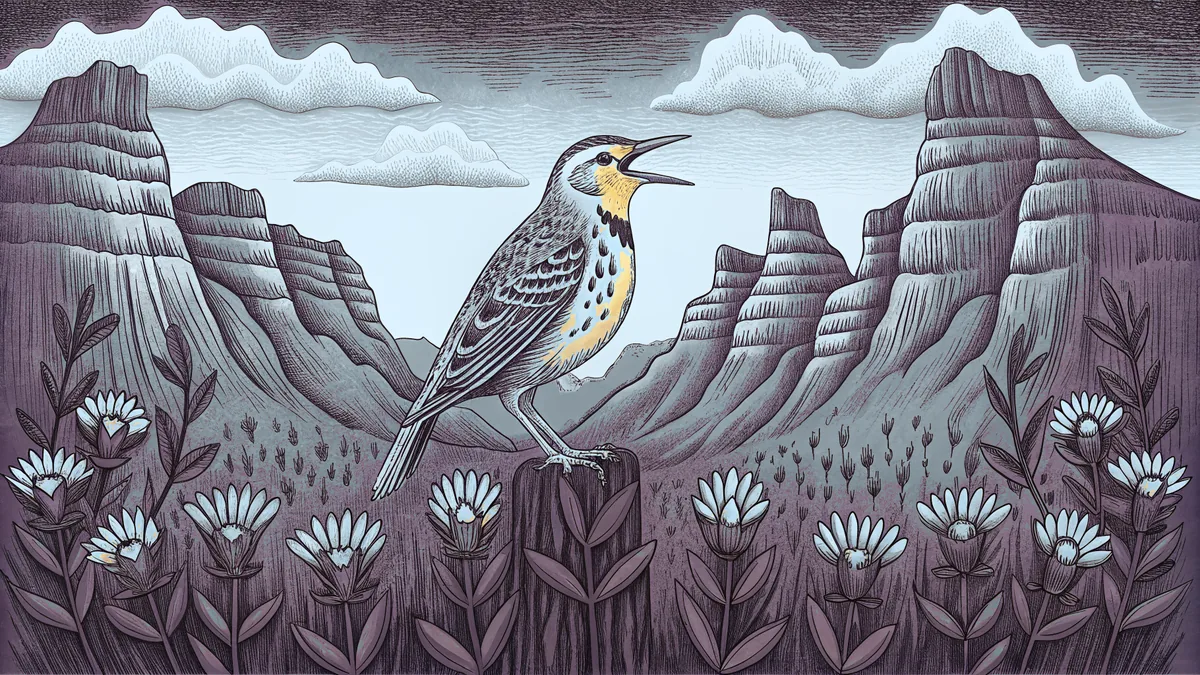 A meadowlark stands proud among prairie wildflowers and grain fields.