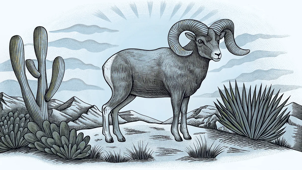 A desert bighorn sheep standing on rocky cliffs at first light.