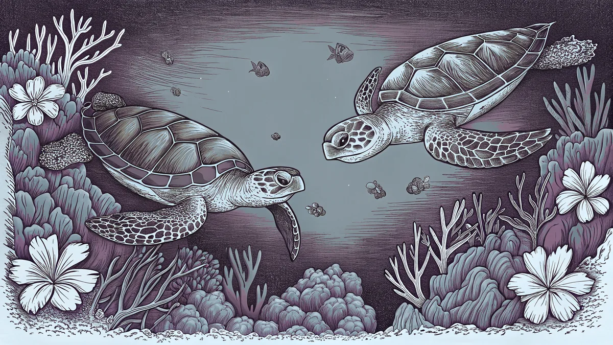 Sea turtles swim in turquoise waters off limestone island cliffs with tropical flowers.