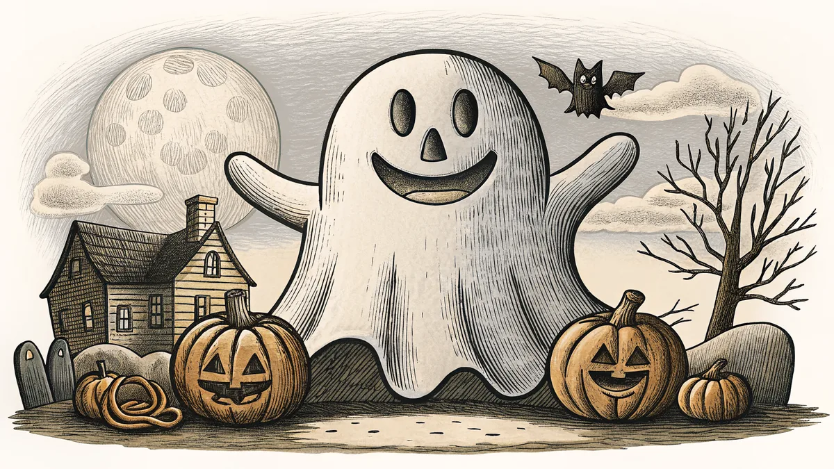 Cheerful Halloween decorations including a friendly ghost and jack-o'-lantern.