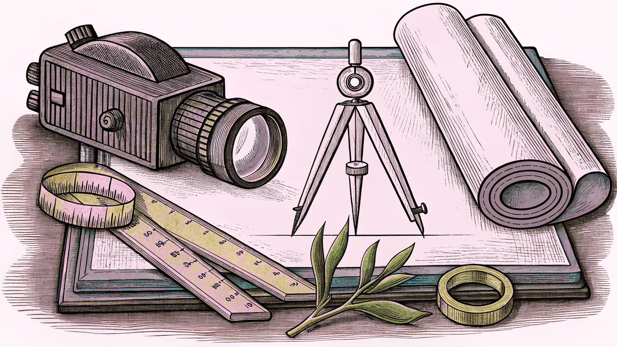 Studio filming equipment and mathematical instruments are arranged on a bright work surface.