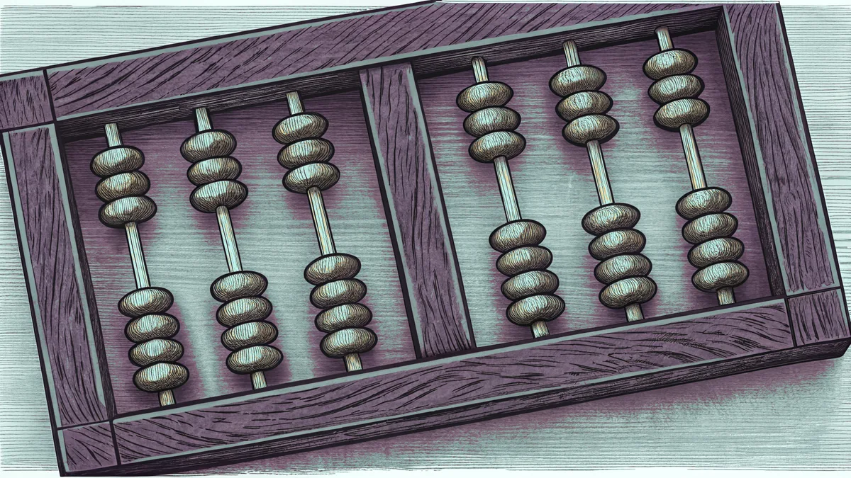 A wooden bead abacus next to brass geometric solids on a desk.