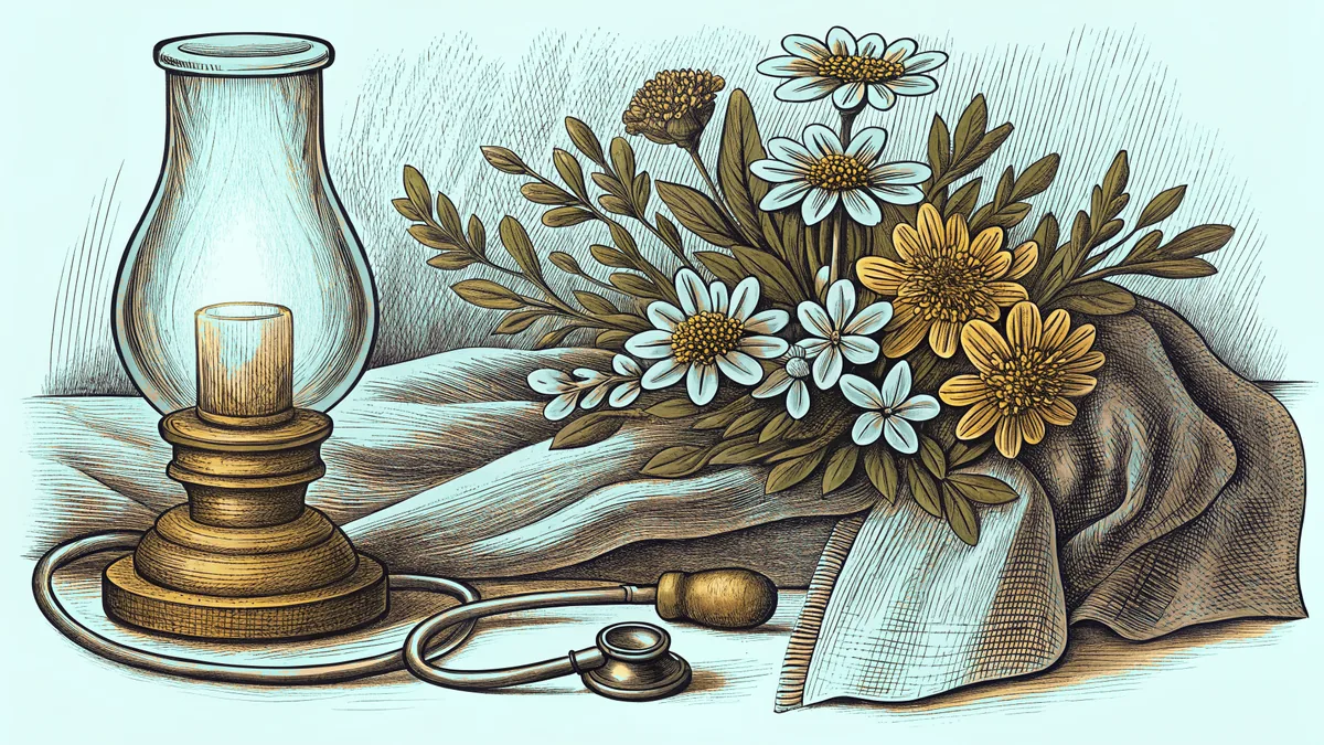 A lit oil lamp and a stethoscope rest beside a bouquet of flowers.