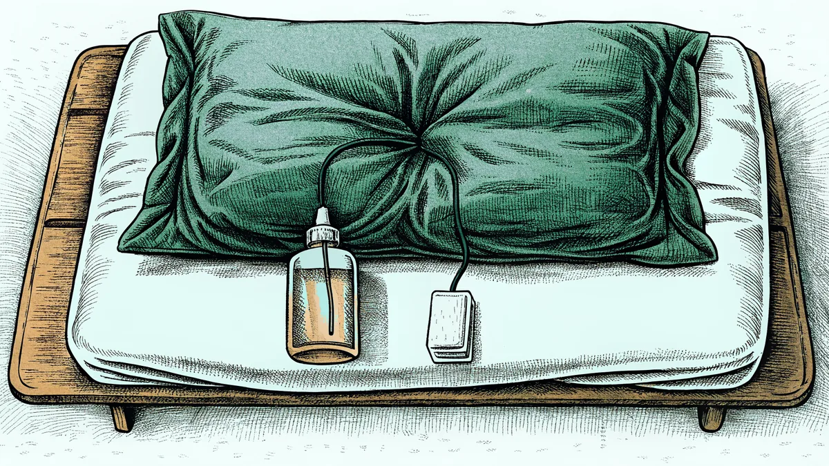 An IV infusion bag and an unlabeled dosage vial rest on a bedside medical tray.