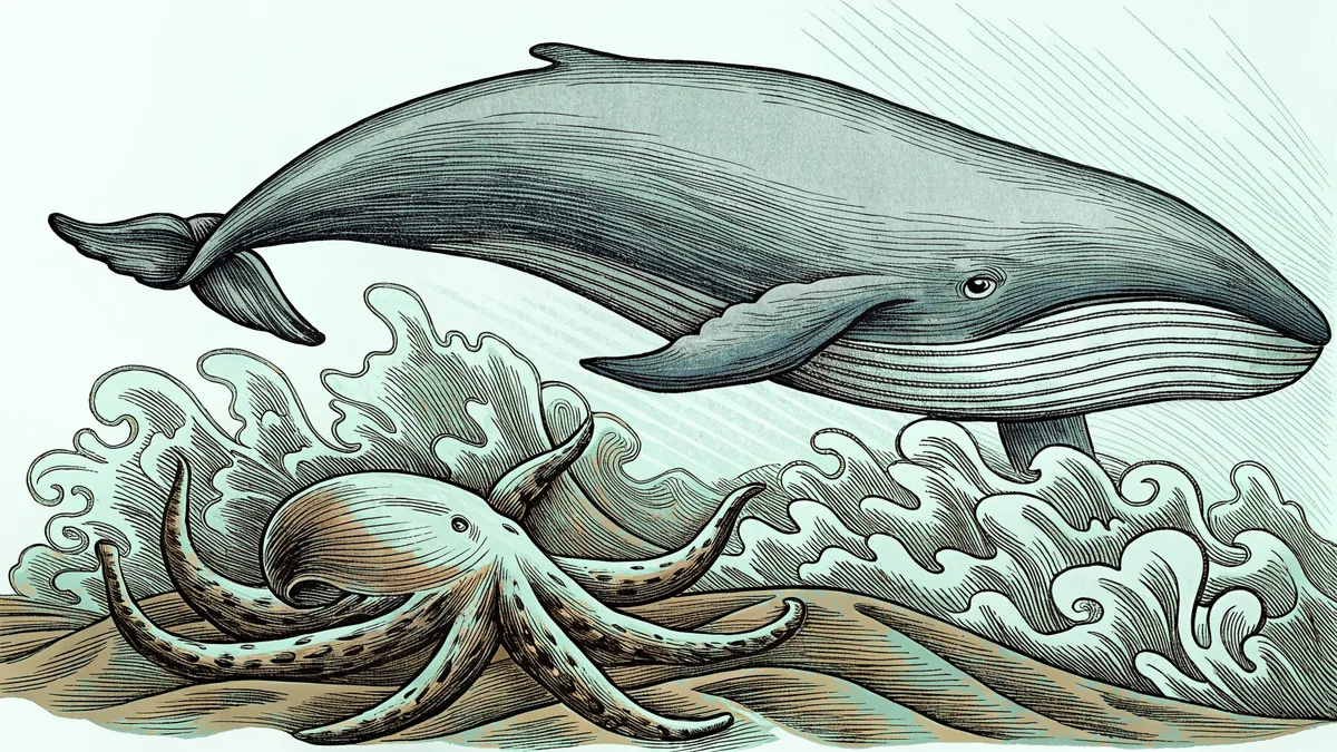 A mighty blue whale swims above dolphins and an octopus in the deep blue ocean