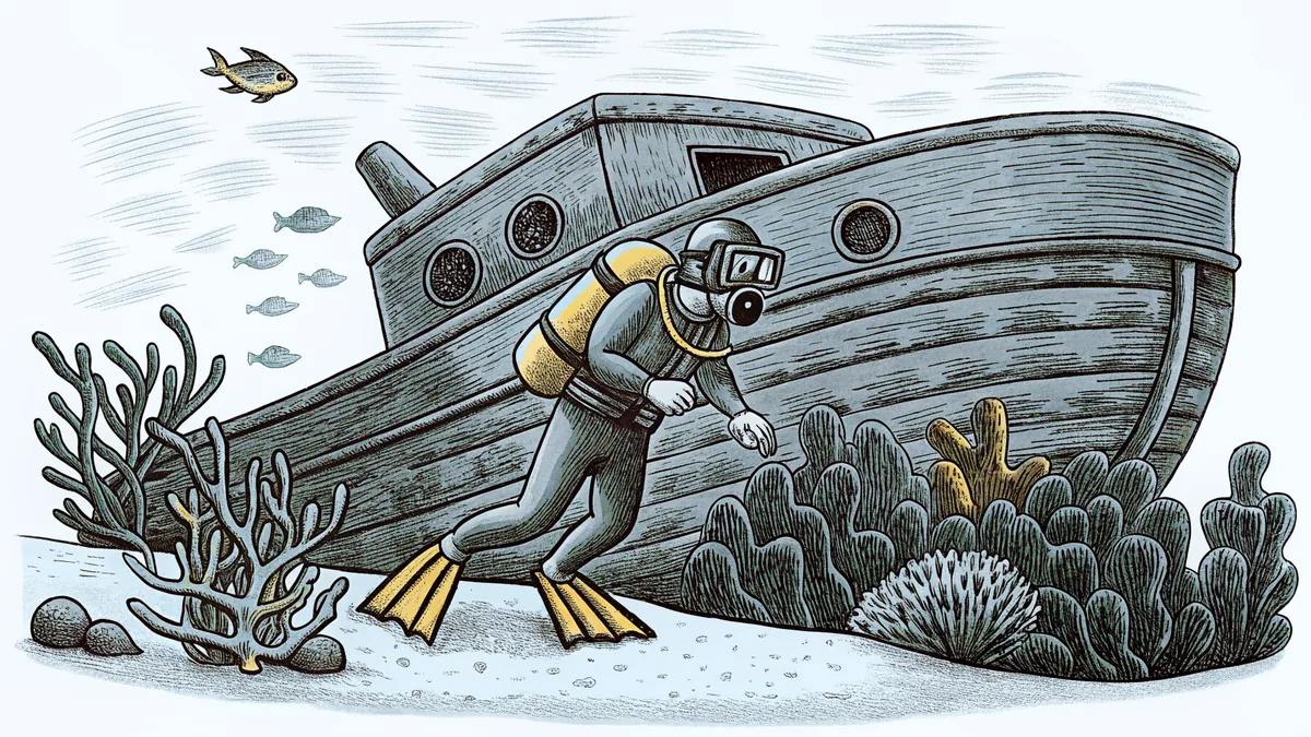 A fully equipped scuba diver exploring a sunken ship on the seafloor.