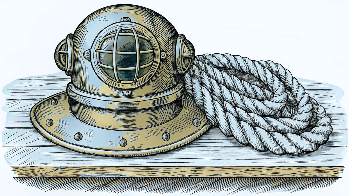 A brass diving helmet resting beside a thick coil of rope on wet planking.