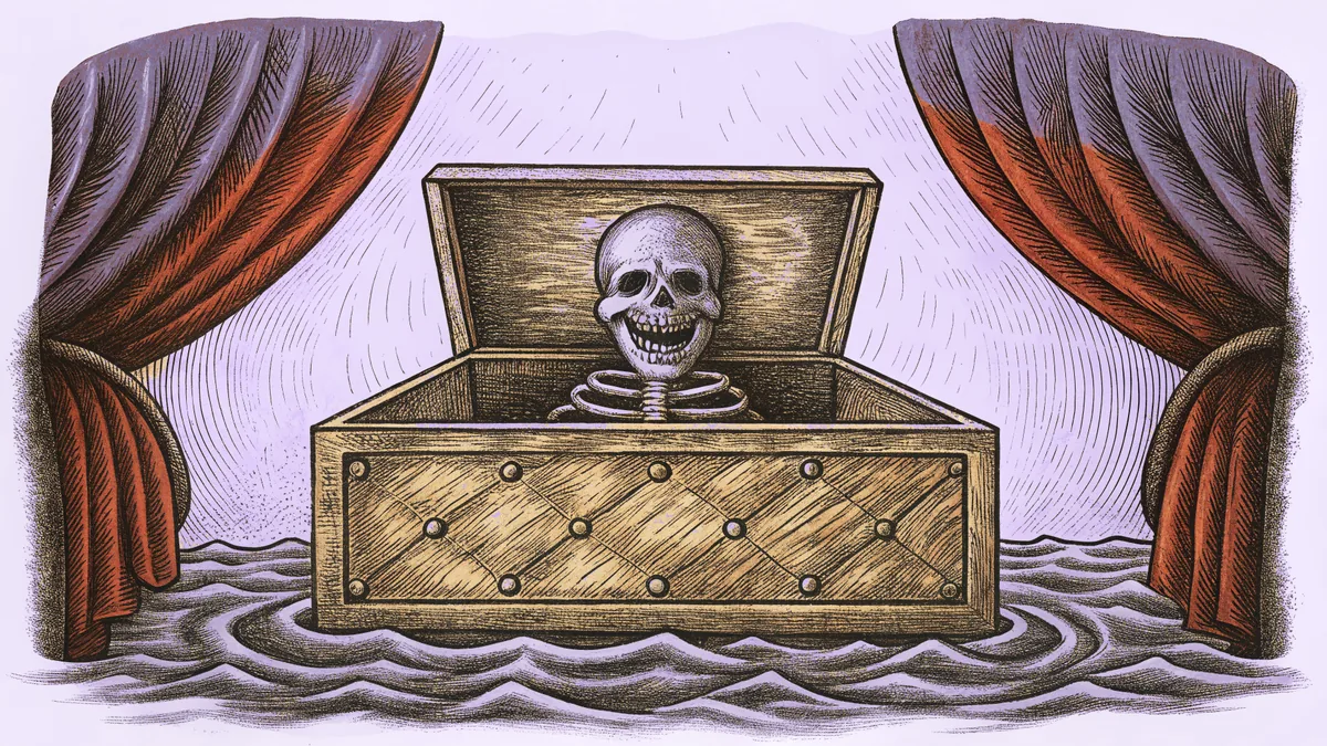A skeletal figure emerges from dark water beside a rusted jack-in-the-box.